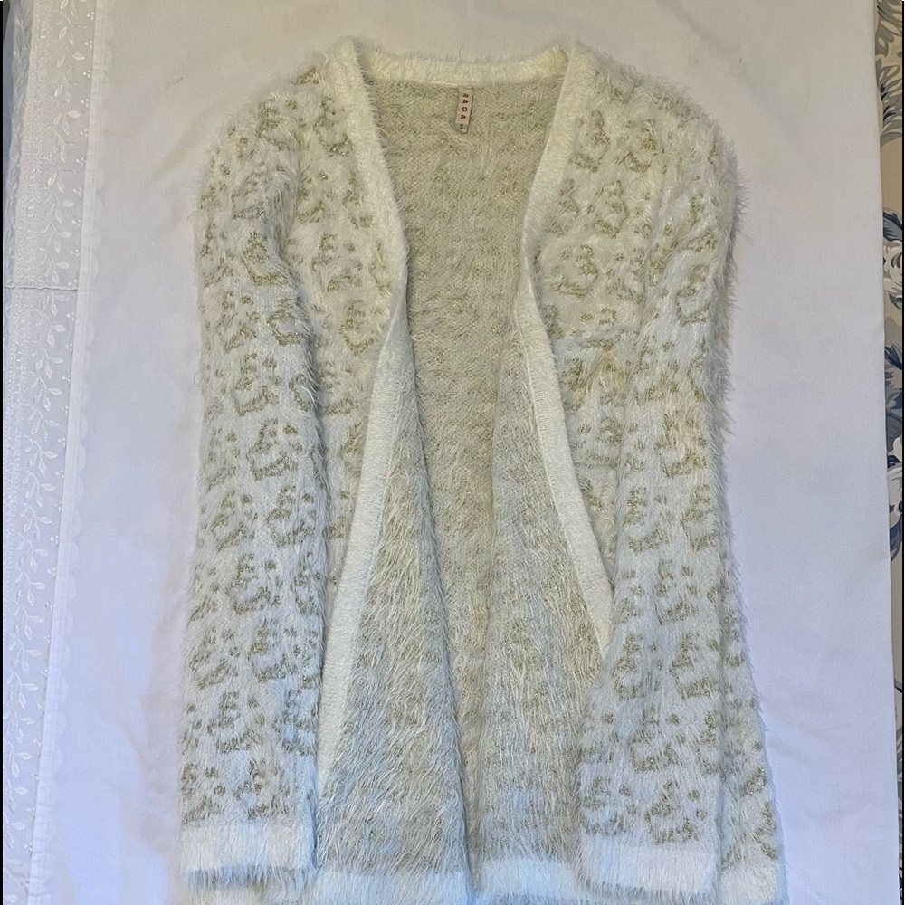 Raga fuzzy cardigan, size S, cream and gold metallic thread, soft and silky.
